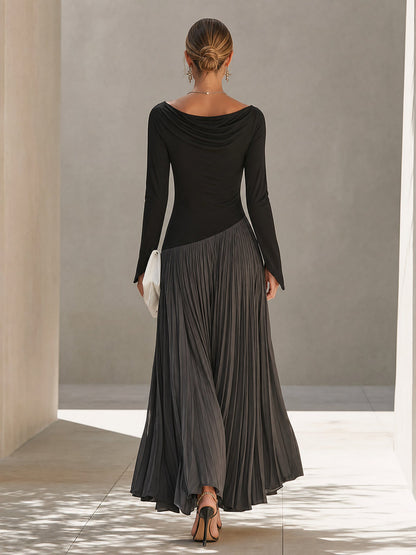 Marina | Robe maxi plissée bicolore noire et grise à col drapé