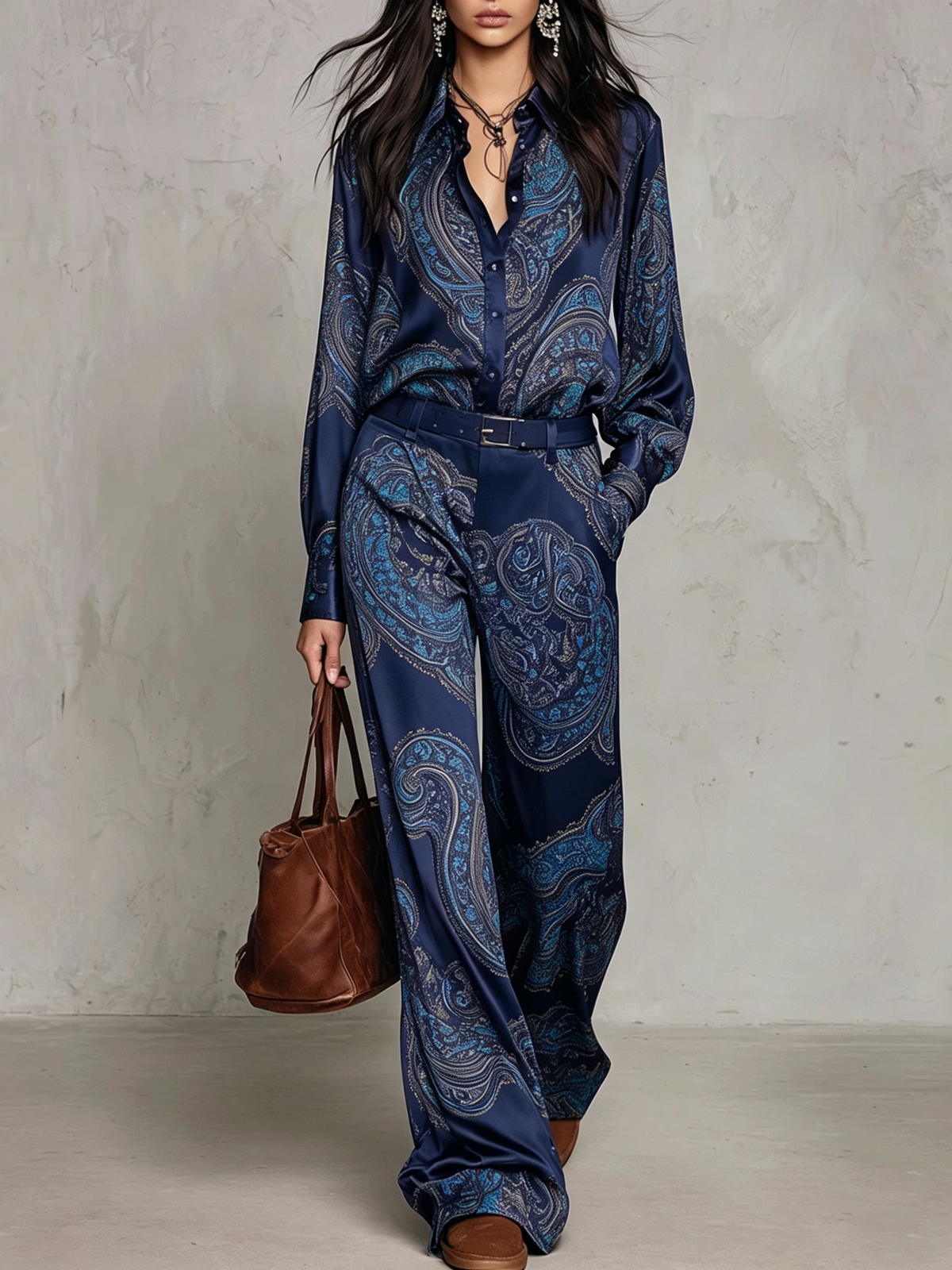 Ensemble chemise et pantalon large en satin paisley bordeaux