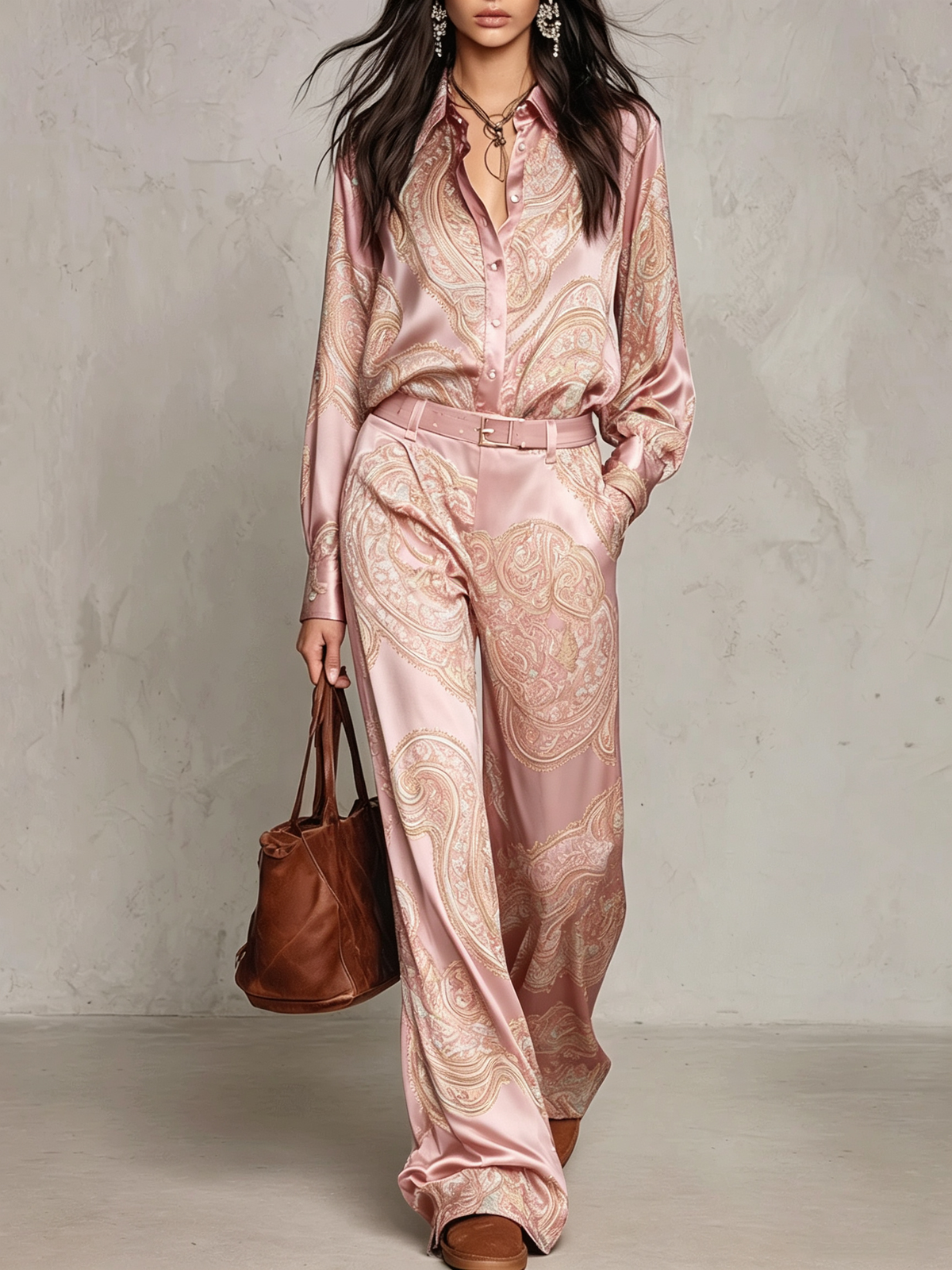 Ensemble chemise et pantalon large en satin paisley bordeaux