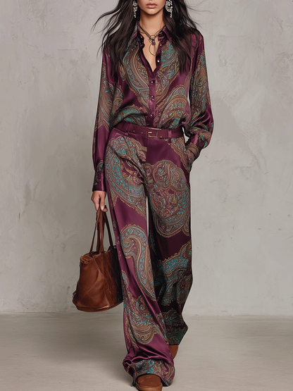 Ensemble chemise et pantalon large en satin paisley bordeaux