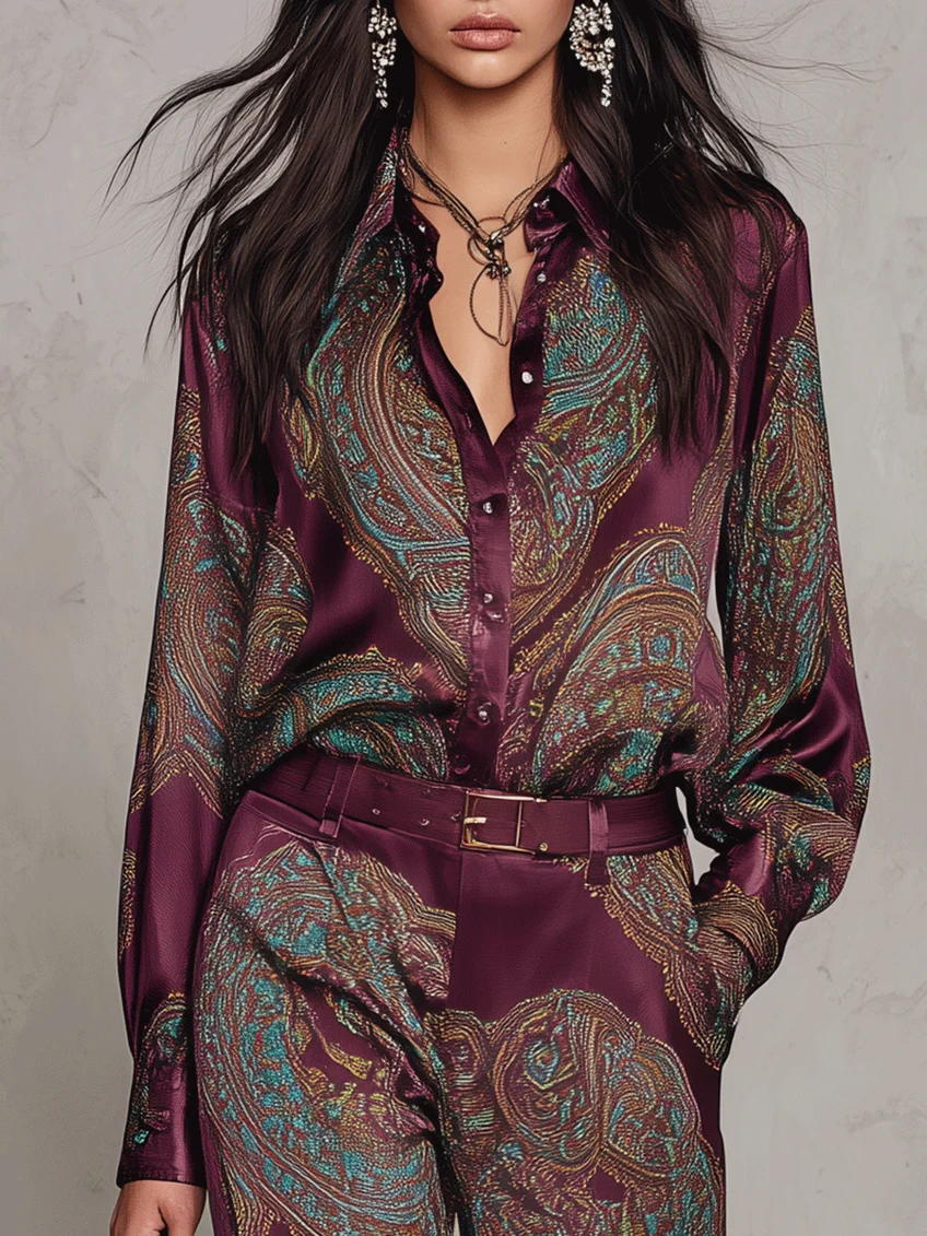 Ensemble chemise et pantalon large en satin paisley bordeaux
