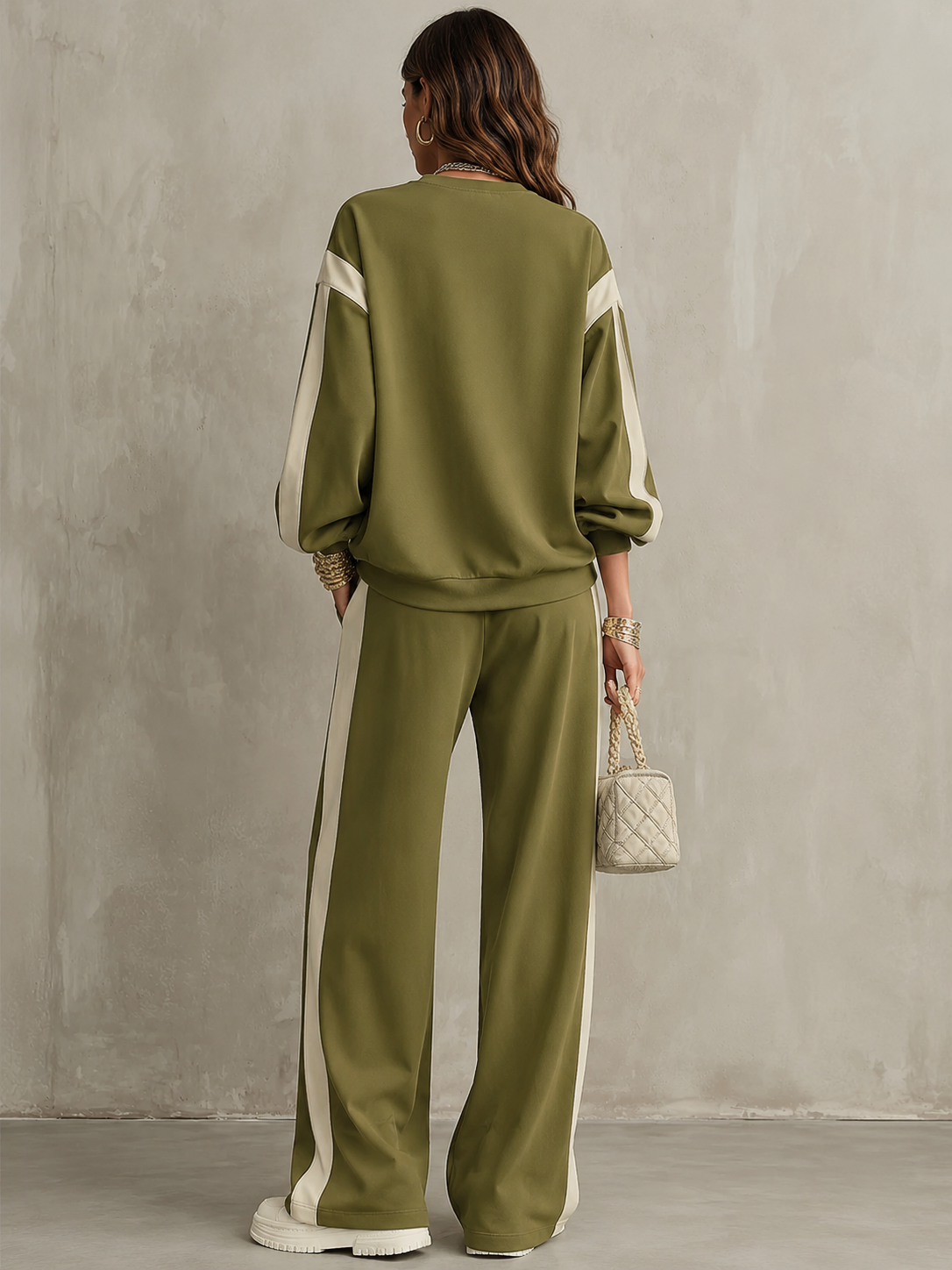 Sonia | Ensemble décontracté vert olive avec sweat-shirt et pantalon large