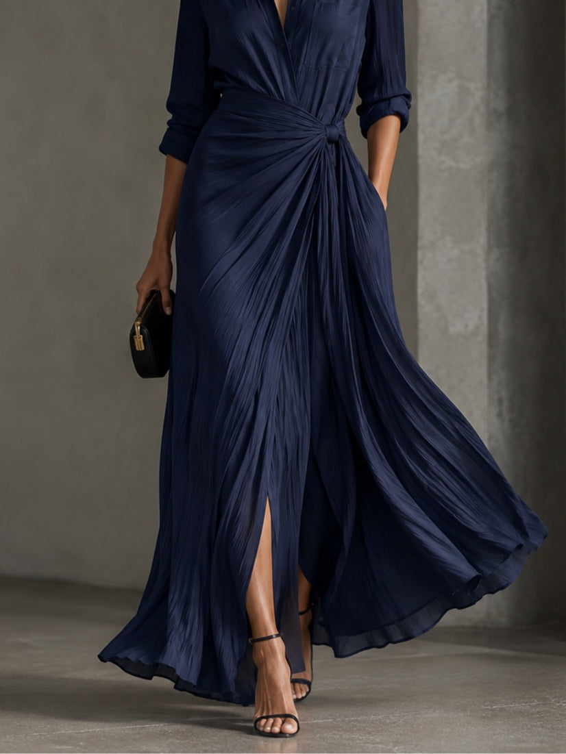 Gabriella | Robe-chemise maxi bleu marine nouée