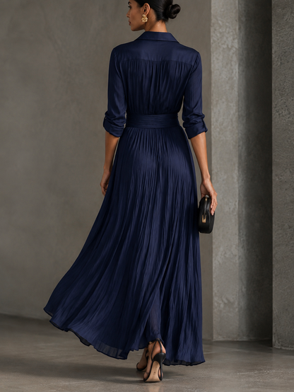 Gabriella | Robe-chemise maxi bleu marine nouée