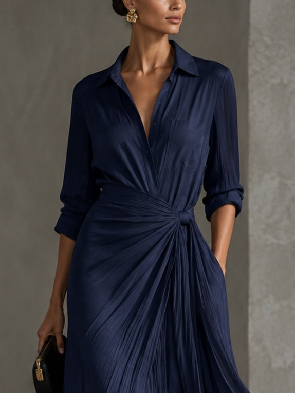 Gabriella | Robe-chemise maxi bleu marine nouée