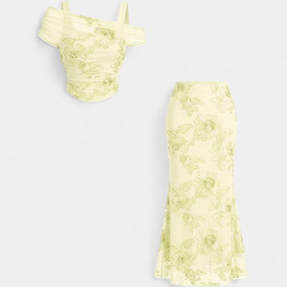 Ensemble robe longue sirène à épaules dénudées en résille brodée pour femme