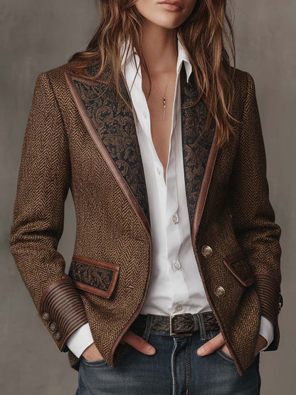 Blazer Femme à Motif Pied-de-Poule avec Panneaux Imprimés