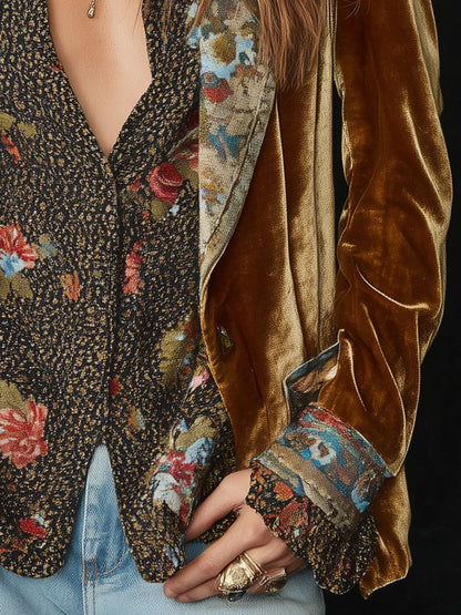 Blazer Vintage en Velours de Polyester à Revers, Imprimé Floral et Patchwork