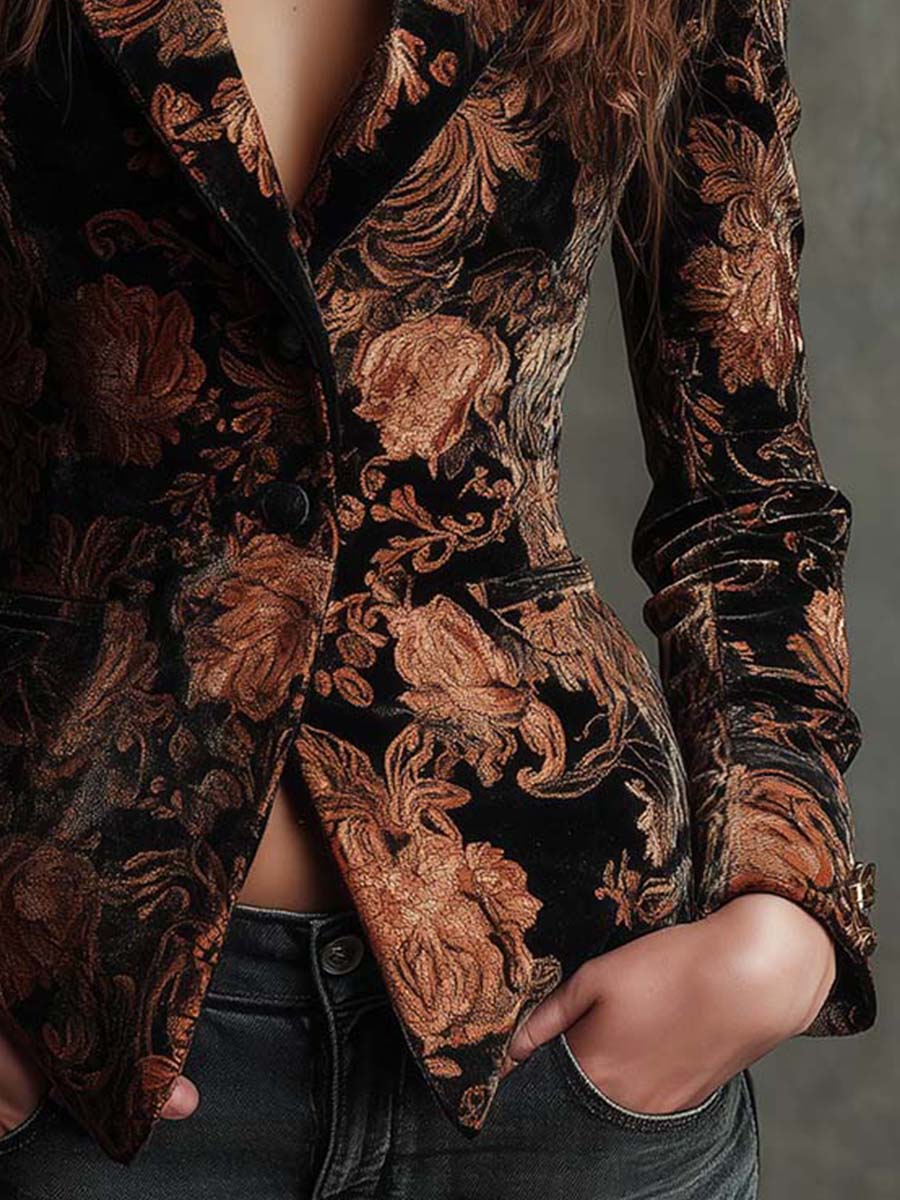 Blazer Tailleur Femme à Imprimé Floral Noir et Bronze