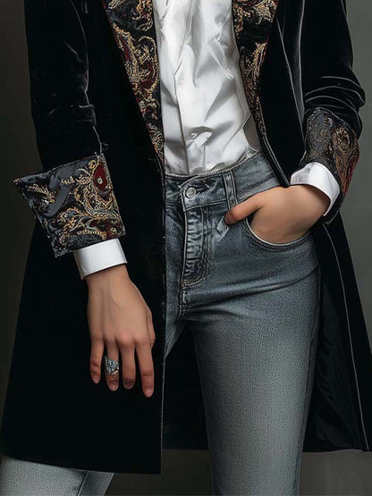 Blazer Femme Slim Fit Noir à Revers avec Imprimé Baroque