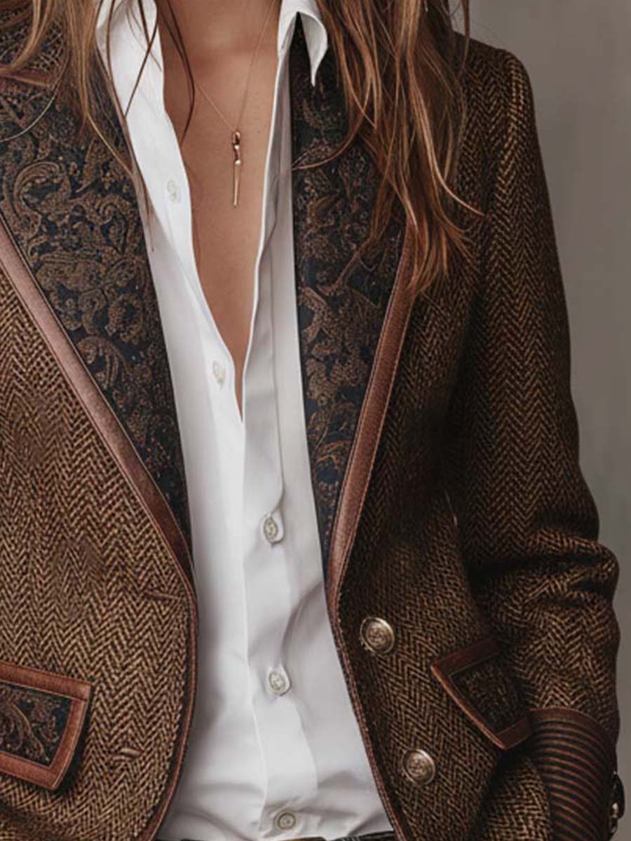 Blazer Femme à Motif Pied-de-Poule avec Panneaux Imprimés