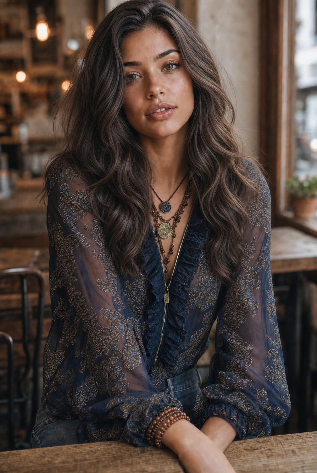 Blouse bleu marine en mousseline à volants baroque