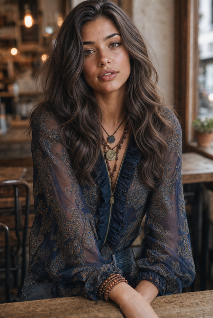 Blouse bleu marine en mousseline à volants baroque