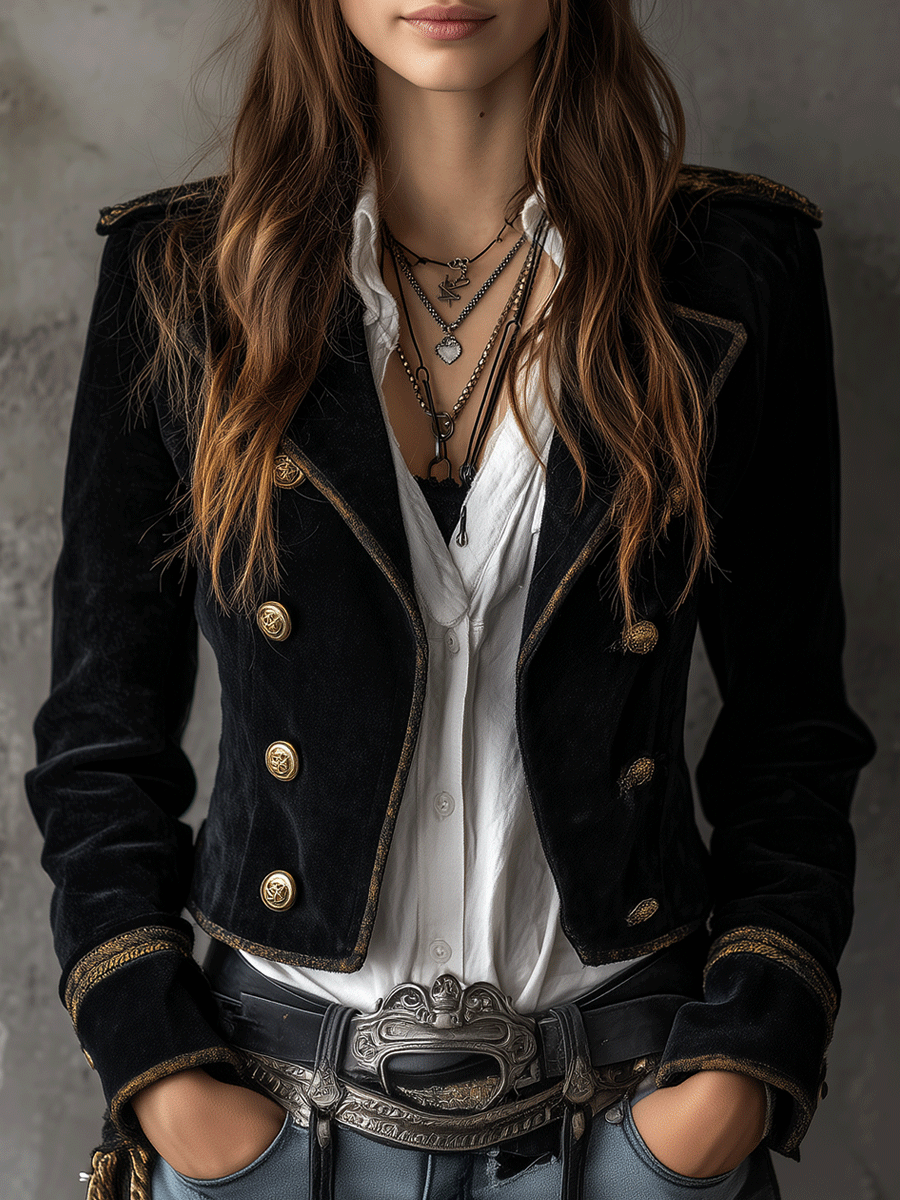 Blazer Militaire Retro en Velours Noir avec Détails en Boutons Dorés