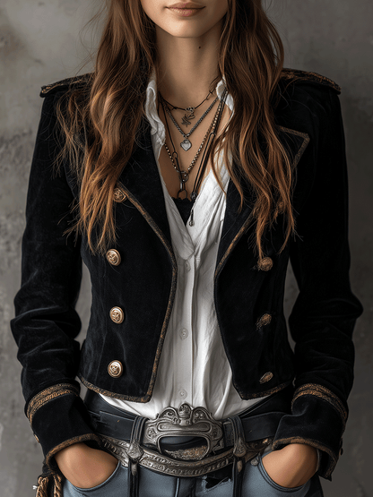Blazer Militaire Retro en Velours Noir avec Détails en Boutons Dorés
