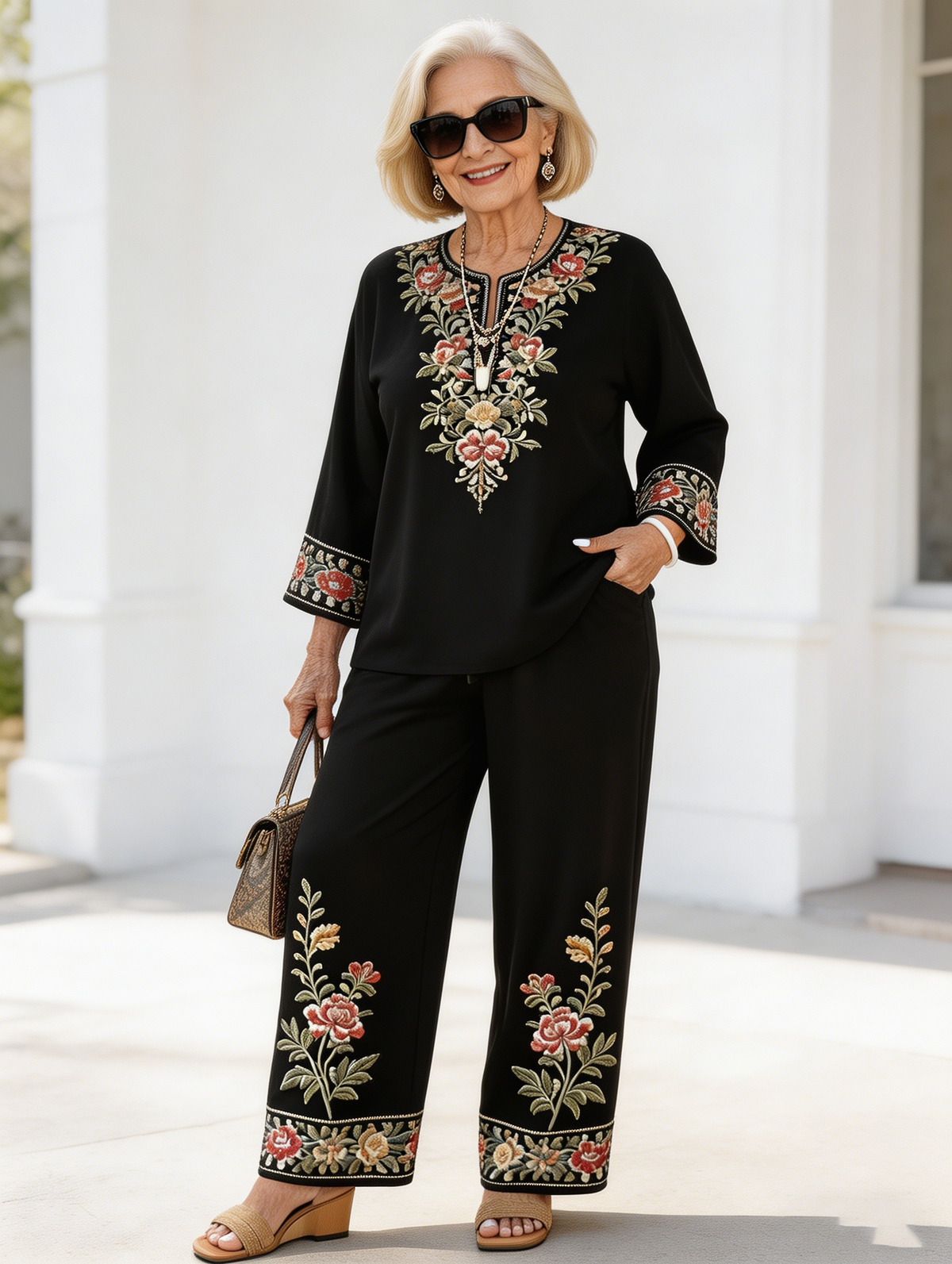 Imara Ensemble 2 Pièces Style Ethnique - Dentelle Florale & Manches Longues