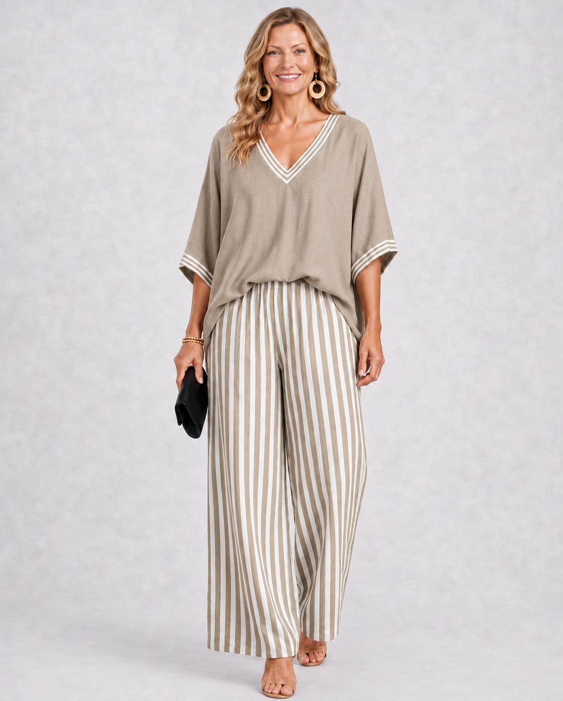 Salma | Ensemble deux pièces : haut rayé en lin et coton & pantalon rayé