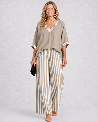 Salma | Ensemble deux pièces : haut rayé en lin et coton & pantalon rayé