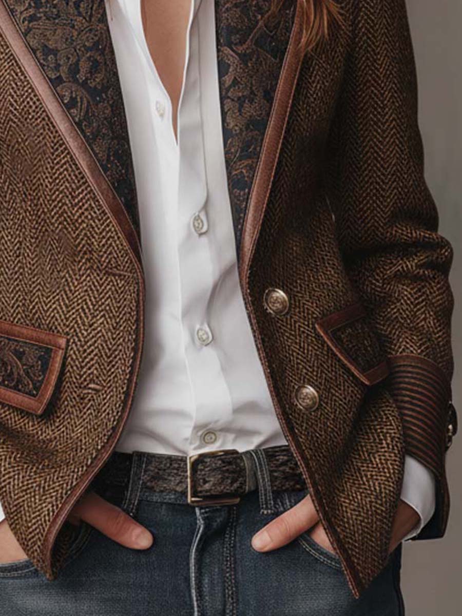 Blazer Femme à Motif Pied-de-Poule avec Panneaux Imprimés