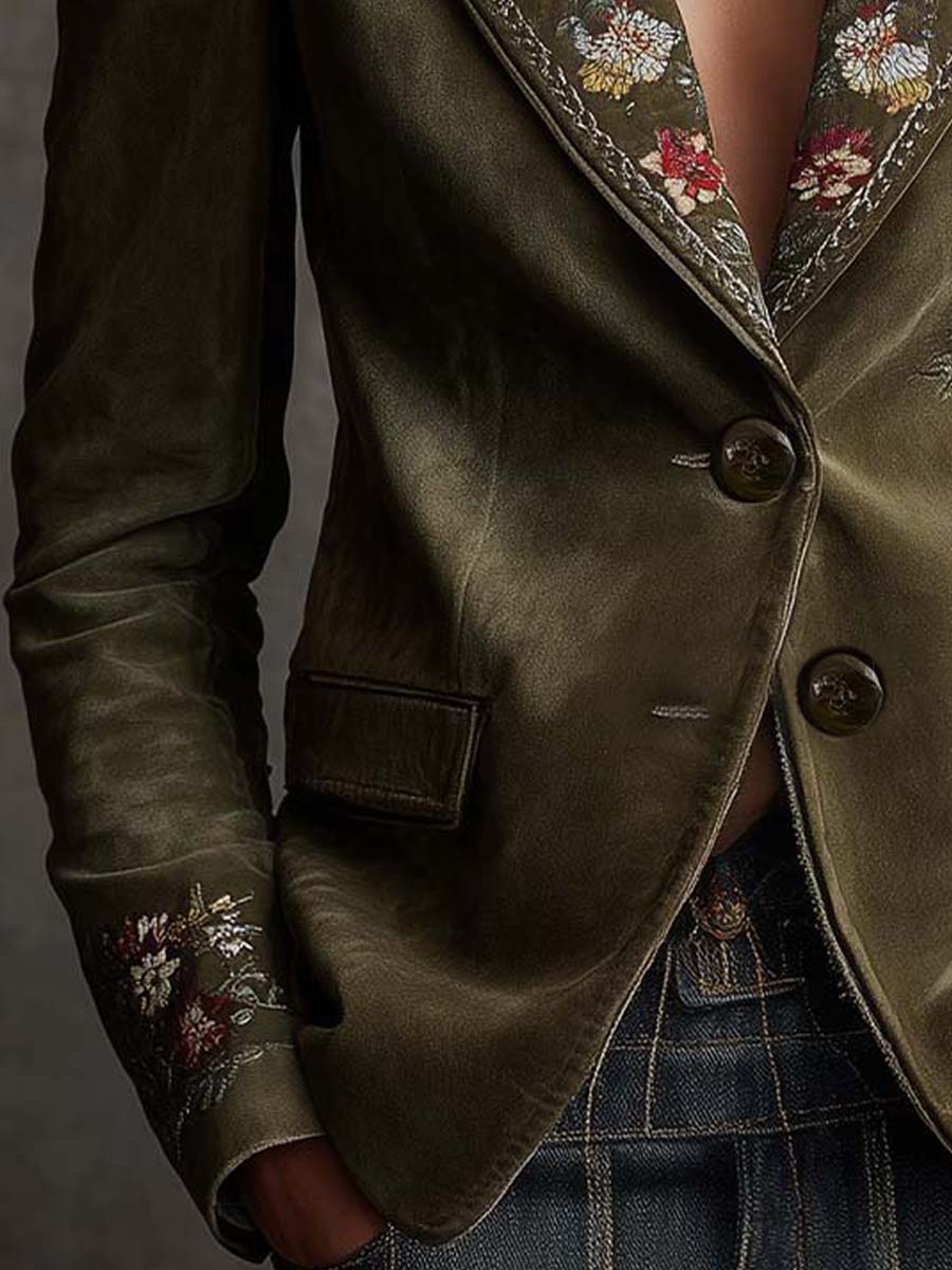 Blazer en Velours Vert Olive avec Broderies Florales Raffinées
