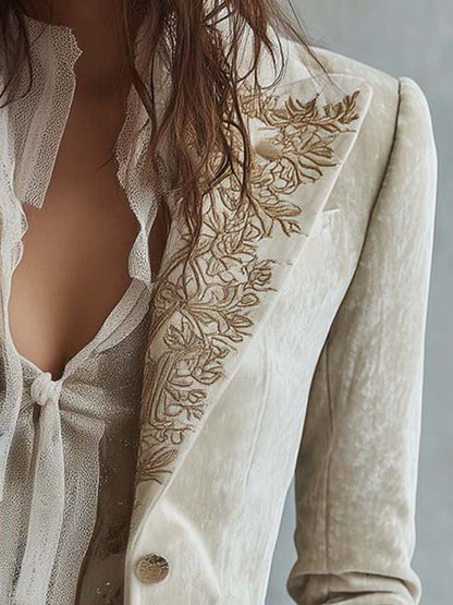 Blazer Tailleur Femme Ivoire Brodé