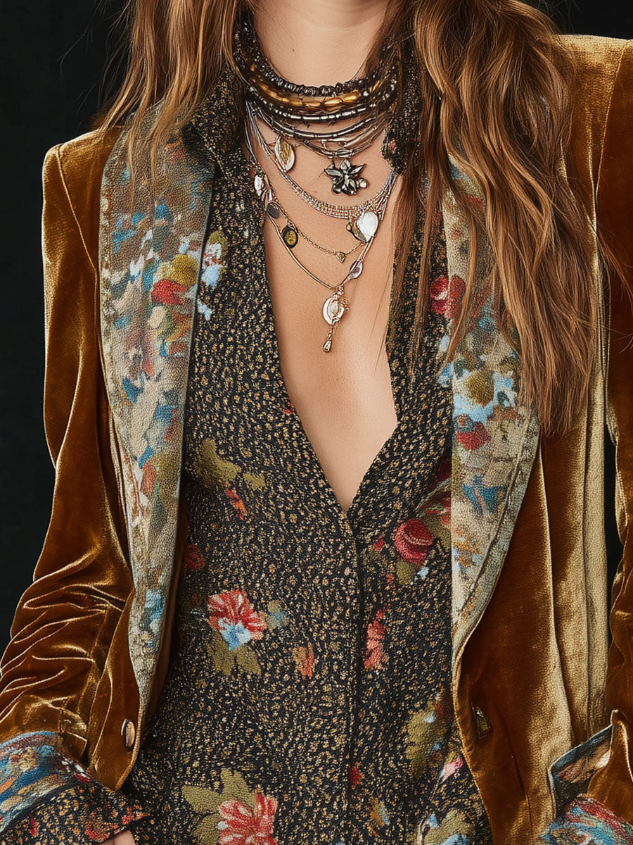 Blazer Vintage en Velours de Polyester à Revers, Imprimé Floral et Patchwork