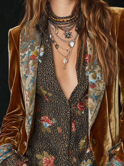 Blazer Vintage en Velours de Polyester à Revers, Imprimé Floral et Patchwork
