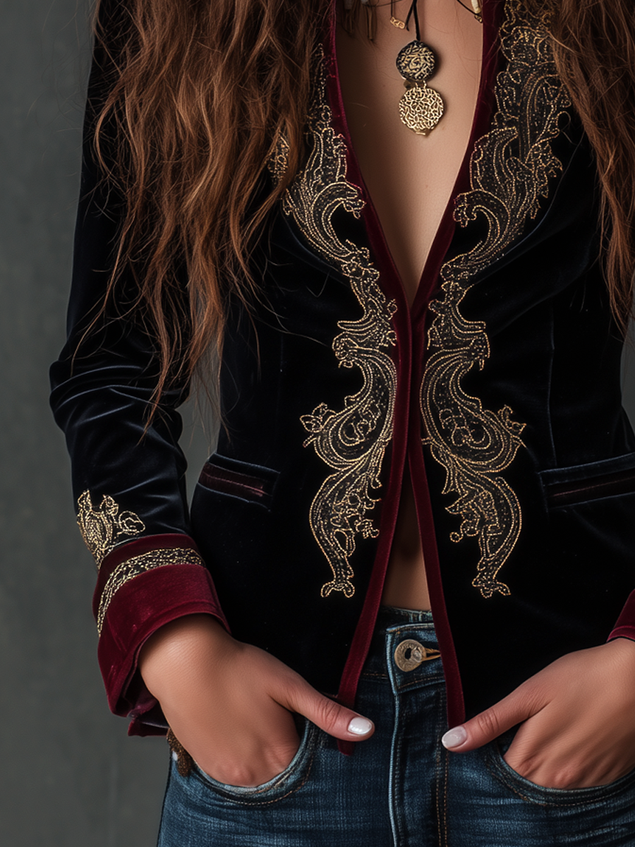 Blazer Vintage en Velours à Broderies Baroques