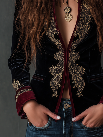 Blazer Vintage en Velours à Broderies Baroques