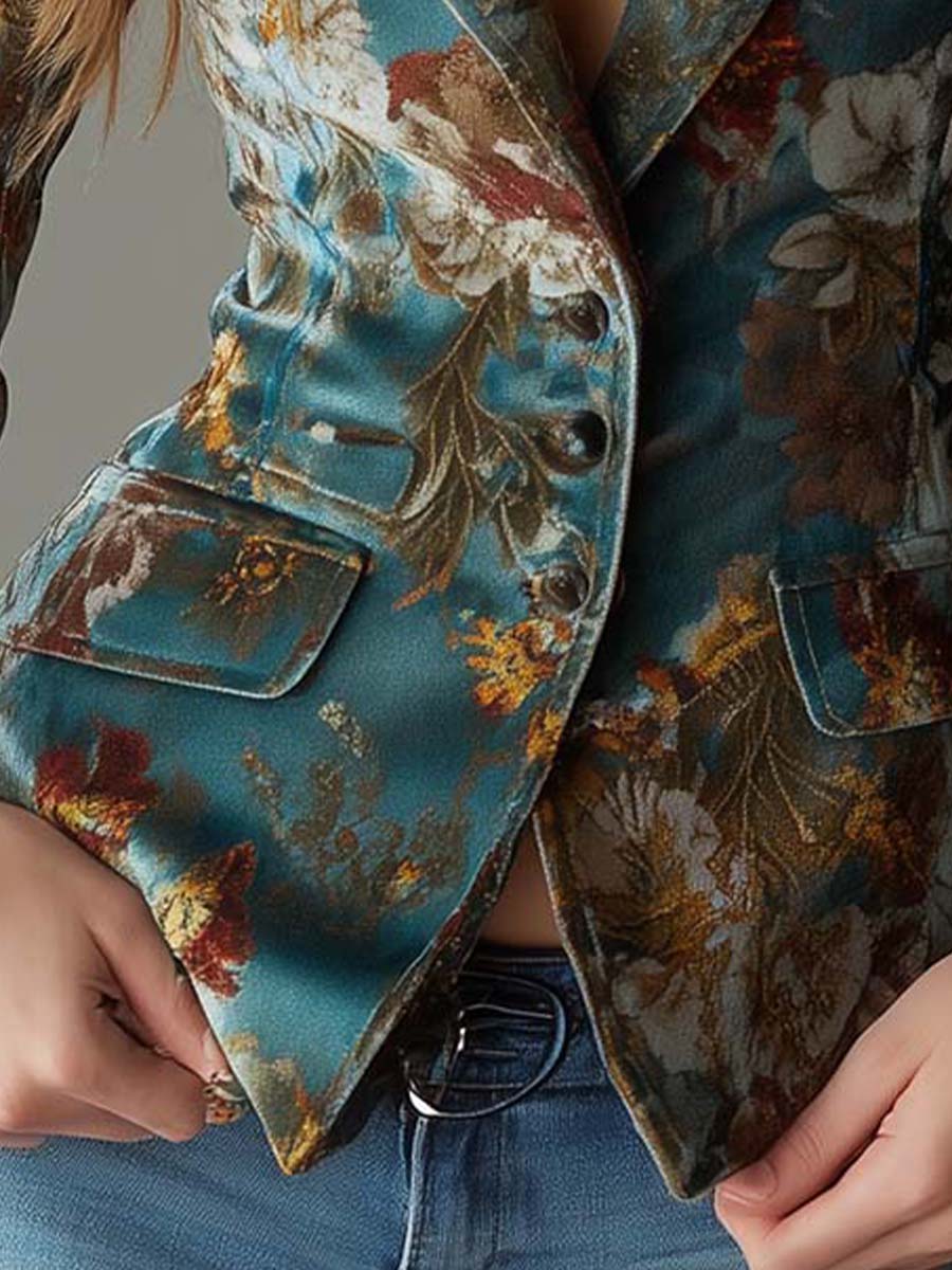 Blazer Vintage Cintré en Velours Bleu Sarcelle à Motif Floral