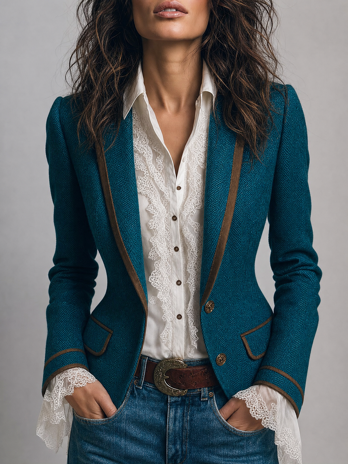 Blazer rétro cintré en tweed à chevrons et détails contrastés