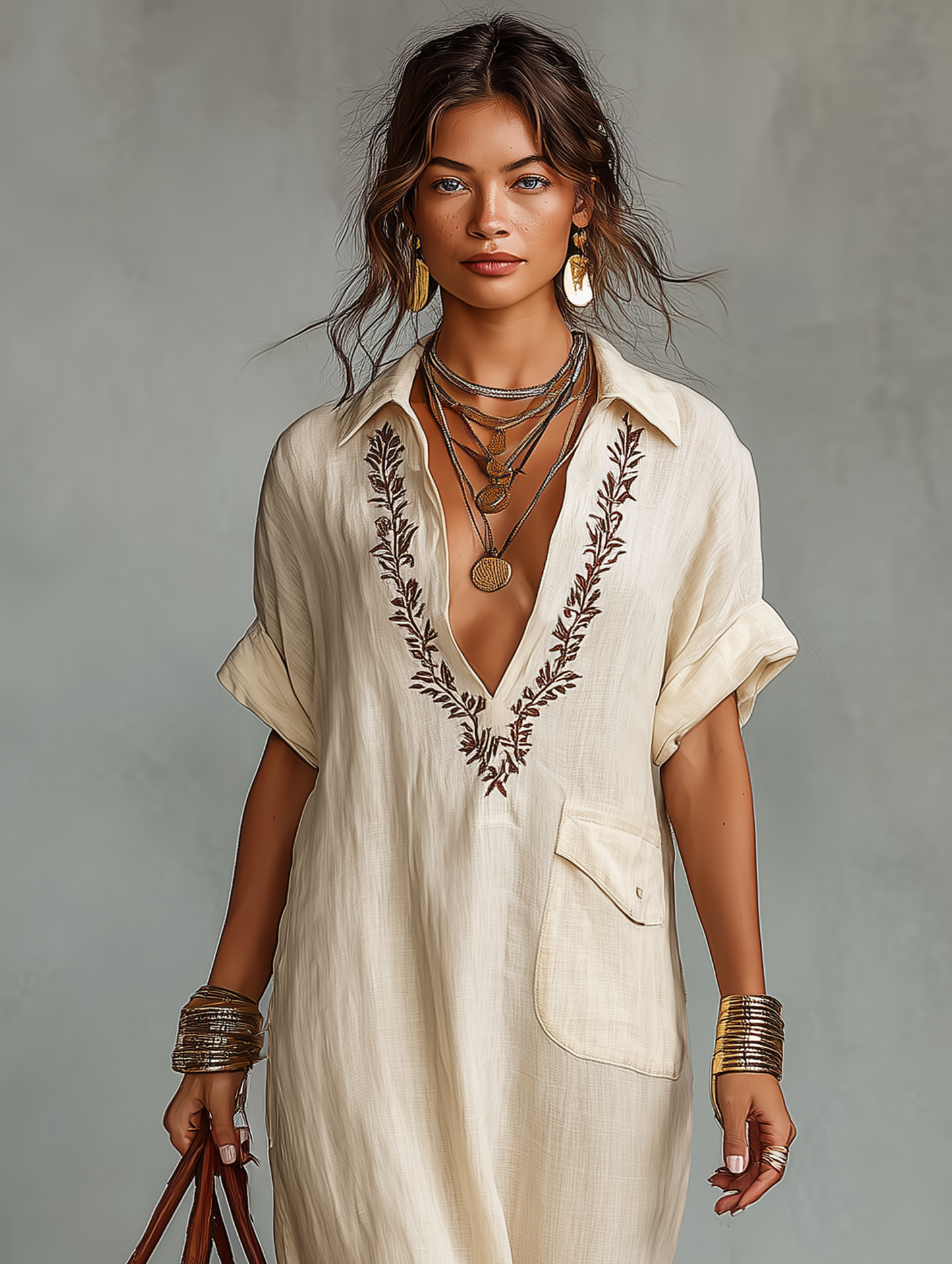 Rosana | Robe chemise longue minimaliste en lin mélangé avec broderies et manches courtes