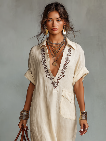 Rosana | Robe chemise longue minimaliste en lin mélangé avec broderies et manches courtes