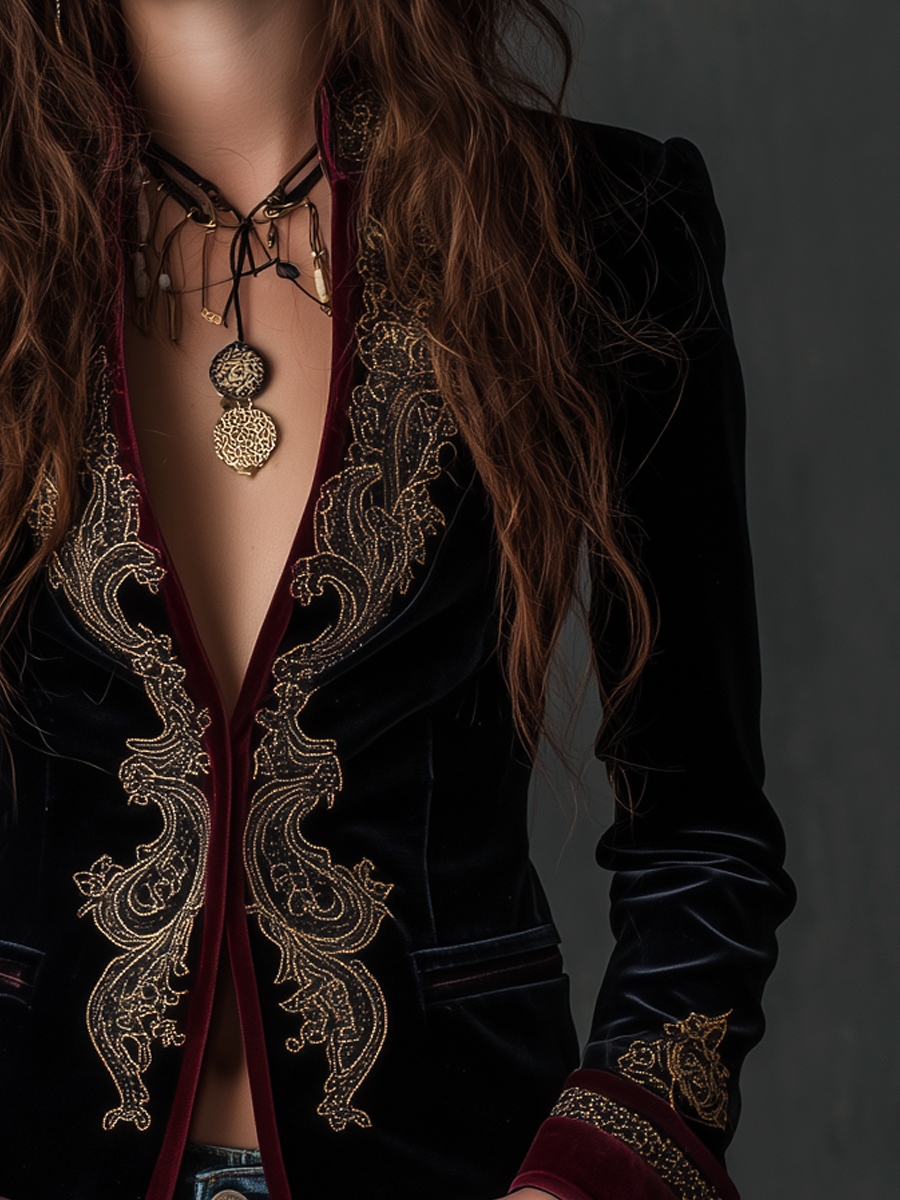 Blazer Vintage en Velours à Broderies Baroques