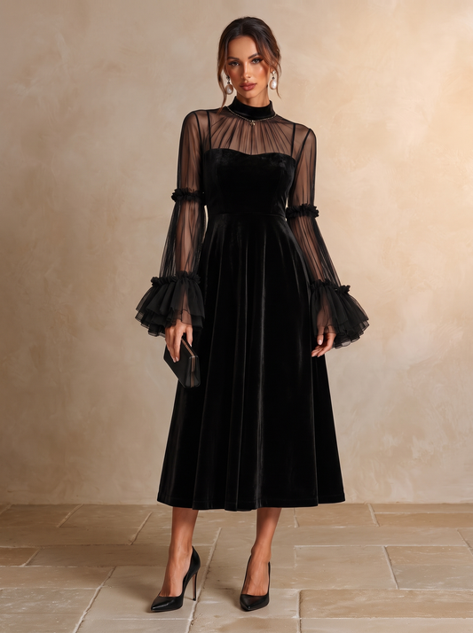 Stefania | Robe midi plissée en velours noir et tulle transparent