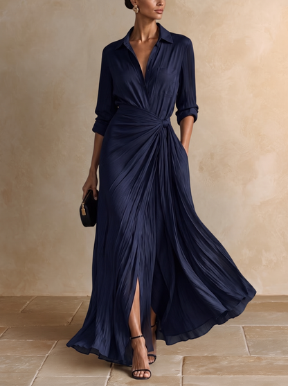 Gabriella | Robe-chemise maxi bleu marine nouée