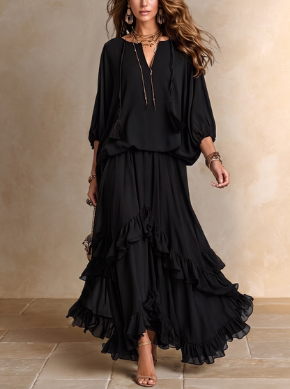 Elvira | Ensemble noir en mousseline avec top à franges et jupe à volants