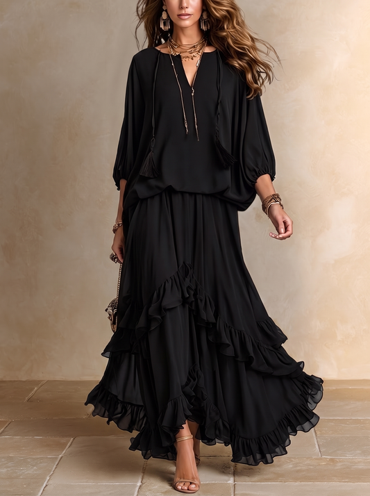 Elvira | Ensemble noir en mousseline avec top à franges et jupe à volants