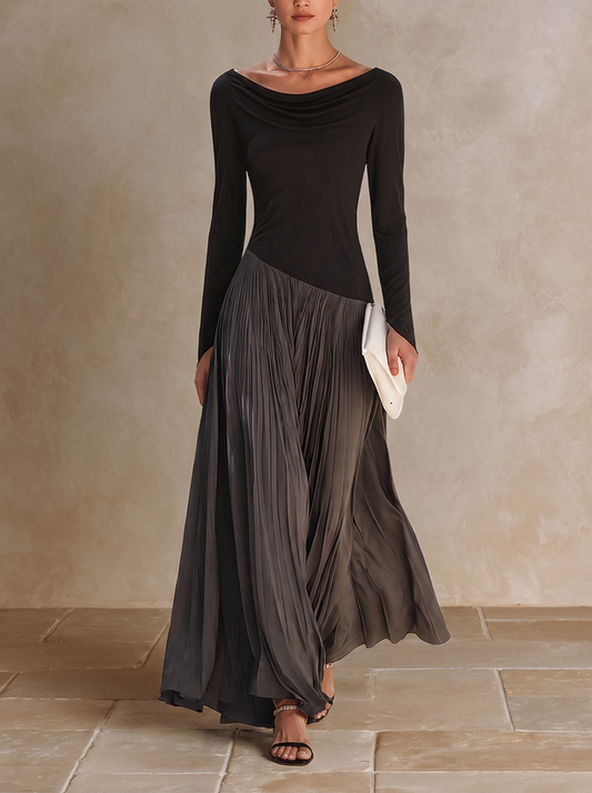 Marina | Robe maxi plissée bicolore noire et grise à col drapé