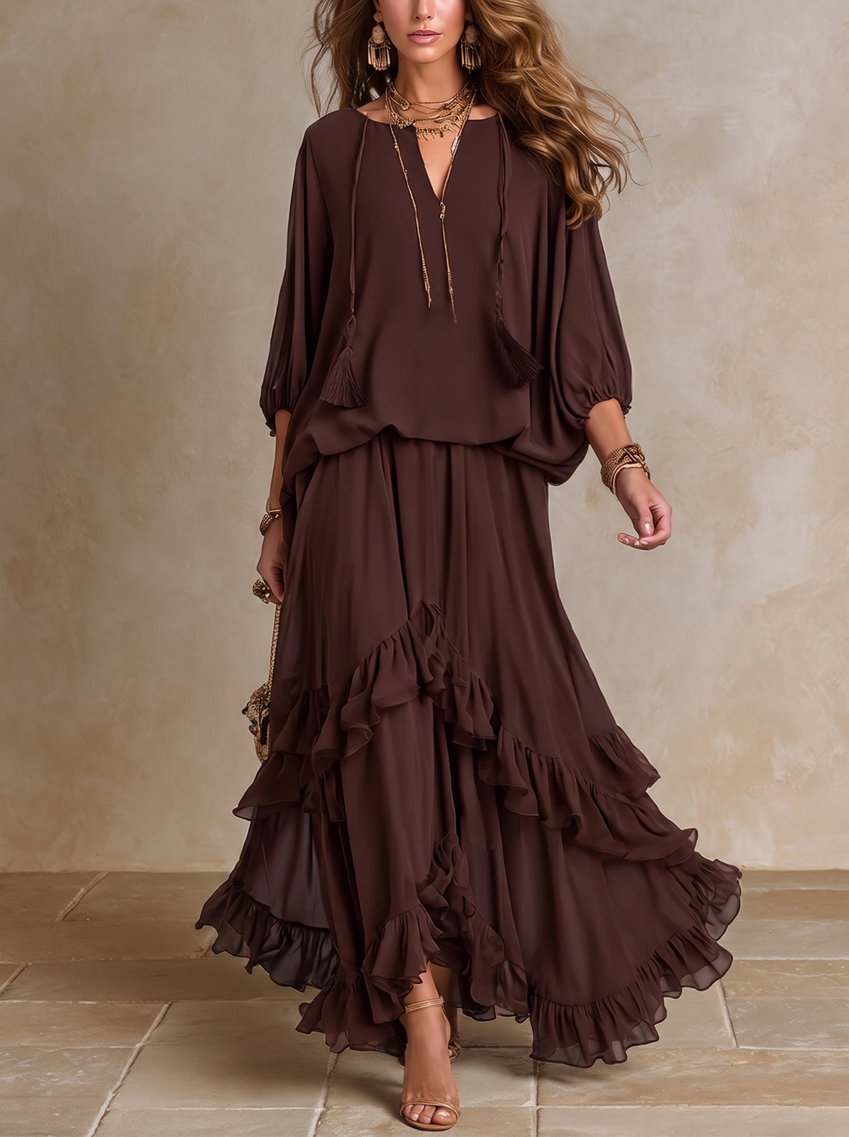 Manuela | Top en mousseline marron à franges avec jupe à volants