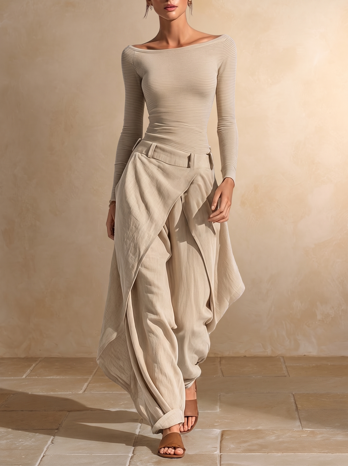 Giuliana | Ensemble beige à col bateau et pantalon large
