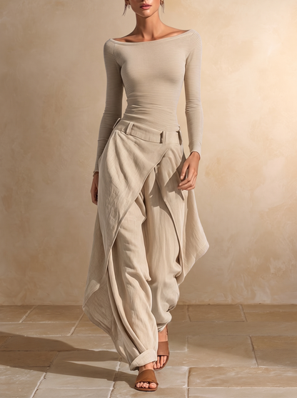 Giuliana | Ensemble beige à col bateau et pantalon large