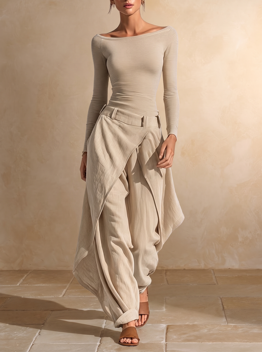 Giuliana | Ensemble beige à col bateau et pantalon large