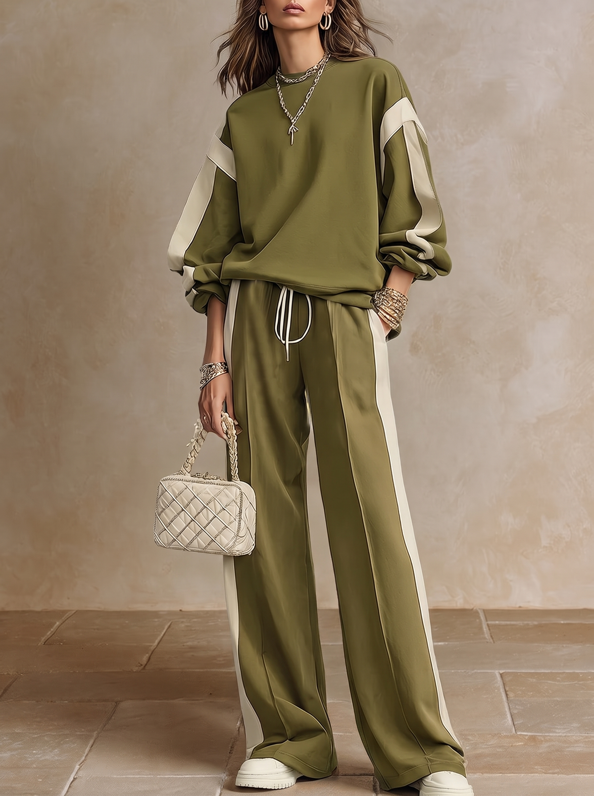 Sonia | Ensemble décontracté vert olive avec sweat-shirt et pantalon large