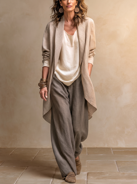 Costanza | Ensemble 3 pièces beige et gris avec pantalon palazzo