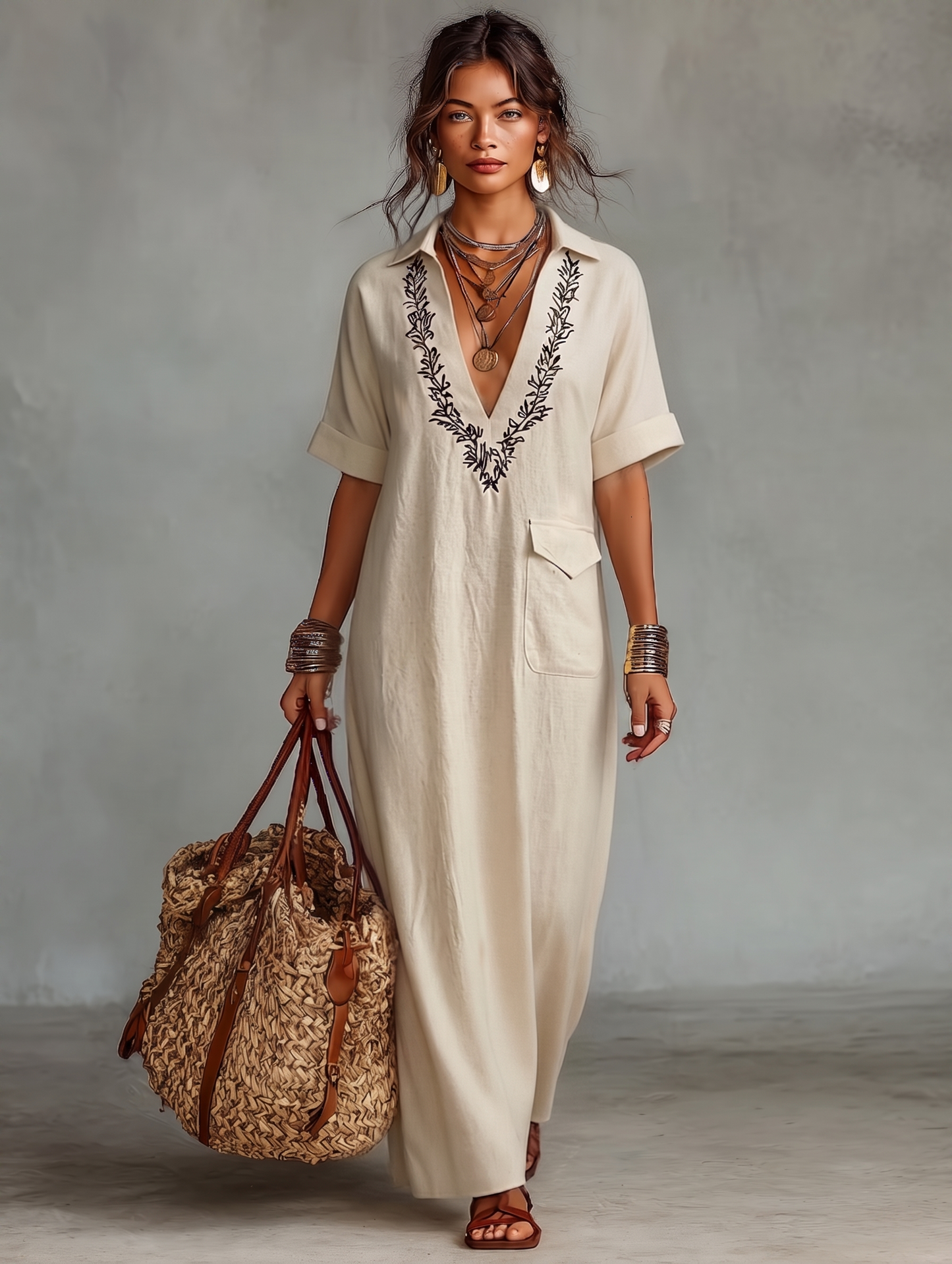Rosana | Robe chemise longue minimaliste en lin mélangé avec broderies et manches courtes