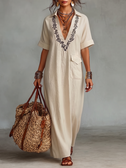 Rosana | Robe chemise longue minimaliste en lin mélangé avec broderies et manches courtes