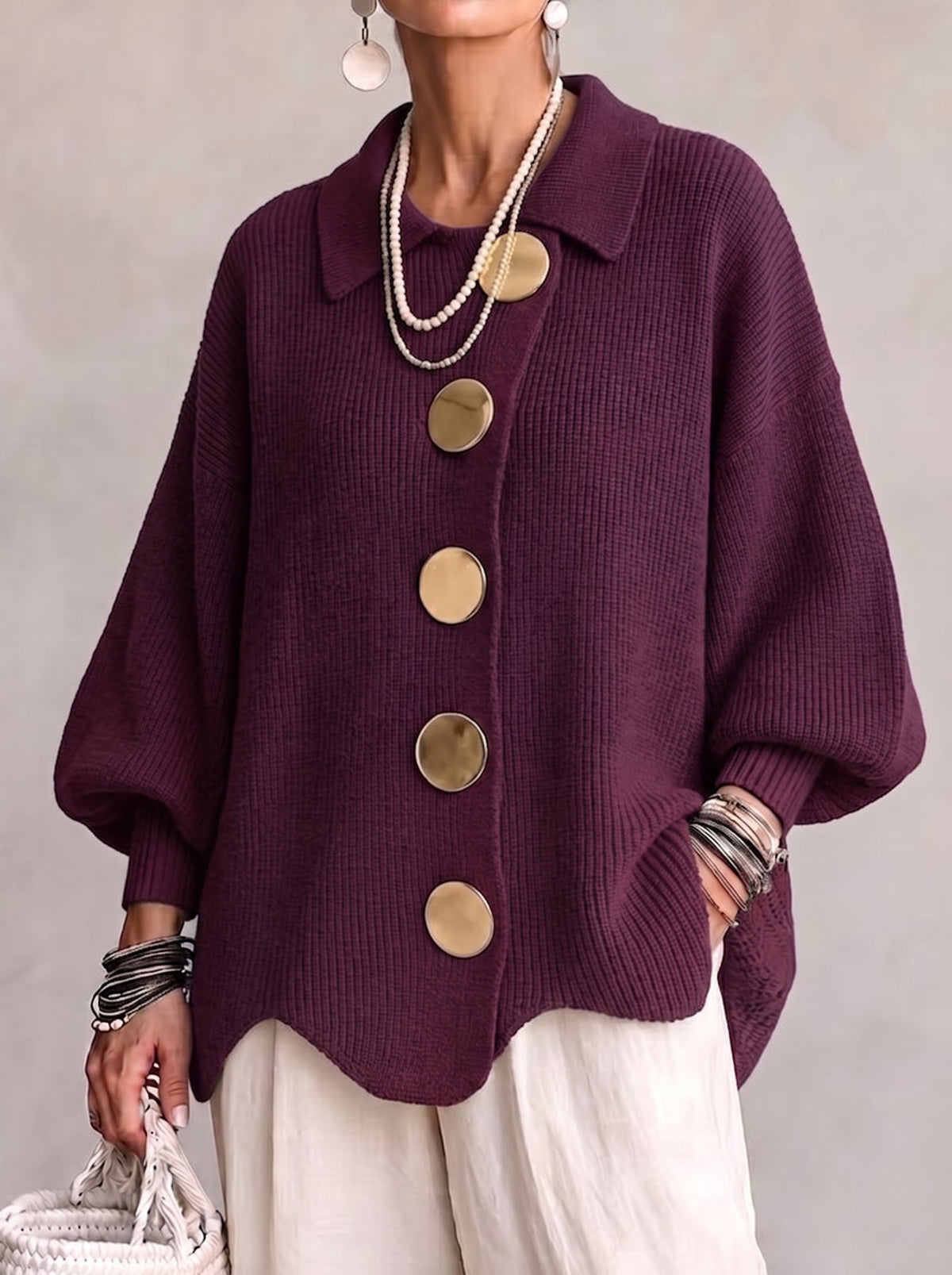 Cardigan en tricot oversize à col et grands boutons en métal